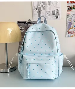 Sac à dos mignon à pois style japonais pour femmes, cartable bleu clair décontracté quotidien.