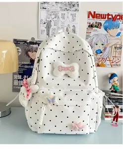 Sac à dos à pois style japonais mignon sac d'école pour étudiante avec pendentifs peluche