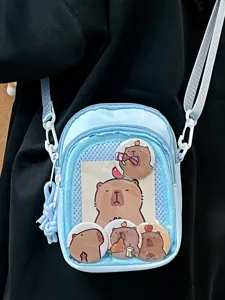 Japanese ita bag transparent cross-body cute capybara badge shoulder bag for daily commute.