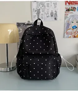 Sac à dos noir style ins japonais à pois blancs mignon sac d'école décontracté pour femmes