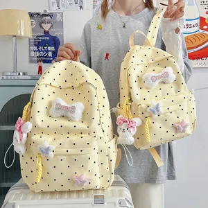 Sac à dos à pois en toile style japonais mignon joli cartable pour jeunes filles jaune