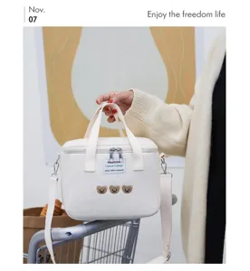 Detailansicht der niedlichen weißen Canvas Thermotasche mit Bärenstickerei und Schultergurt.