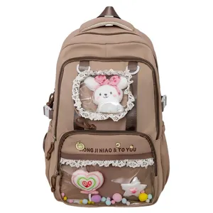 Cute transparent ita backpack for teenage girls, large capacity school bag with plush toys.