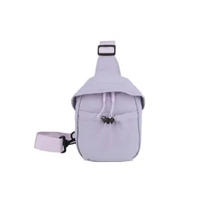 Close-up details of the purple outdoor sling chest bag, showing durable buckles and pocket.