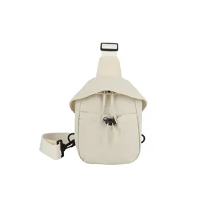 Minimalist beige outdoor chest bag detail, casual crossbody sling bag with drawstring pocket.