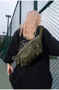 Multifunctional tactical waist bag for outdoor sports, durable canvas sling chest pack.