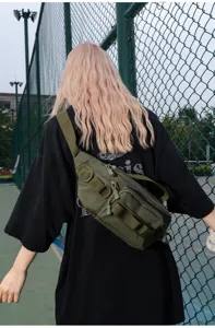 Multifunctional outdoor tactical waist bag detail, durable green crossbody chest bag.