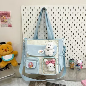 Cute polka dot canvas shoulder bag with multi pockets large capacity casual messenger detail
