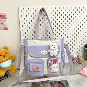 Cute polka dot canvas tote bag with cute plush charms, large capacity crossbody bag for daily use.