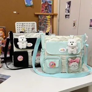 Canvas shoulder bag with cute polka dots, multi pockets, plush dog pendant, student crossbody bag.