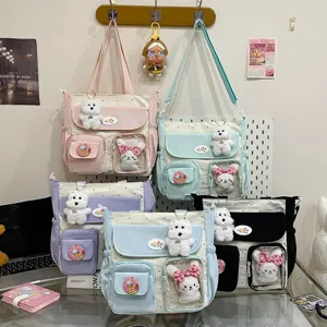 Cute polka dot canvas tote bag with multi-pocket crossbody bag and plush bear pendant.