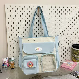 Cute polka dot canvas tote bag, large capacity shoulder and crossbody bag for daily use.