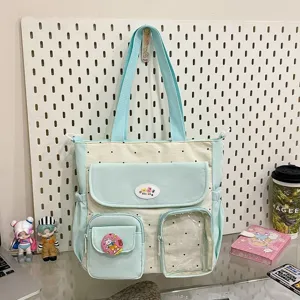 Cute polka dot canvas tote bag, large capacity shoulder crossbody bag for women, fresh style casual bag.