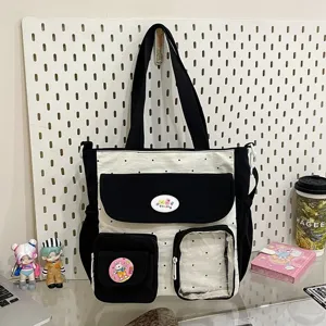 Cute polka dot canvas tote bag, large capacity stylish crossbody bag with multiple handy pockets.