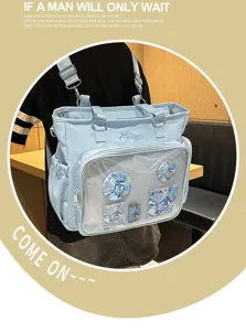 Borsa ita azzurro chiaro grande capacità tela tracolla tote zaino con finestra