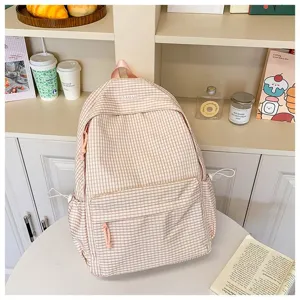 Zaino da scuola a quadri rosa e bianco, borsa da viaggio casual di grande capacità.