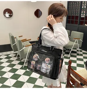 Borsa ita nera grande capacita borsa a tracolla tote per esposizione spille anime casual.