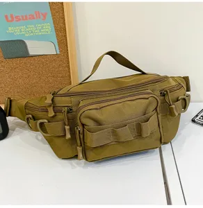 Tactical waist bag detail showing multi-pocket canvas design and sturdy zipper hardware.