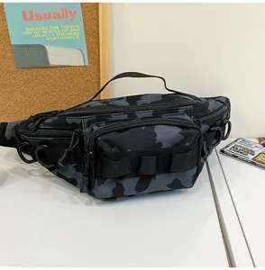 Multifunctional dark camo tactical fanny pack with multi-zipper pockets and durable material.