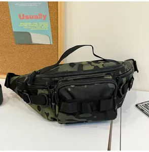 Detailed view of tactical camo waist bag with multi pockets, zippers and outdoor webbing.