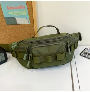 Tactical waist bag detail, military outdoor fanny pack with multi pockets and MOLLE webbing.