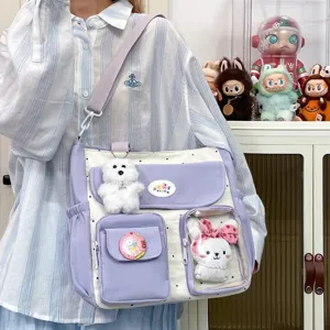 Cute polka dot canvas shoulder bag with plush pendants, transparent pocket, spacious daily.