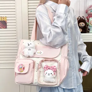 Cute polka dot canvas shoulder bag with plush pendants large capacity crossbody bag for women