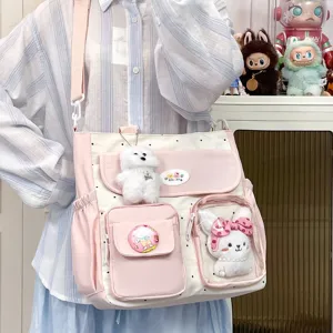Cute Polka Dot Canvas Crossbody Bag Women Large Capacity Casual Shoulder Bag Sweet Cartoon Messenger Bag Student Book Bag