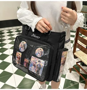 Borsa ita bag capiente con finestra trasparente per spille anime, borsa a tracolla versatile.