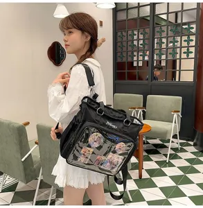 Grande itabag nera con finestra trasparente, zaino versatile dallo stile dolce e cool.