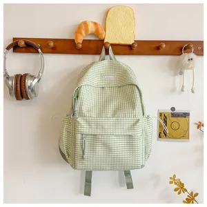 Zaino scolastico a quadri verde stile coreano dettaglio, grande borsa da viaggio per pendolari