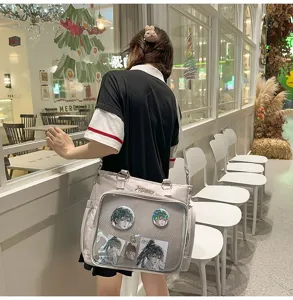 Grande borsa ita con finestra trasparente per spille anime, stile cool borsa a tracolla.