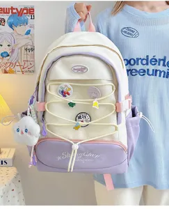 Zaino in tela stile giapponese carino di grande capacita con ciondolo di peluche.
