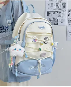 Zaino da ragazza in stile giapponese carino con grande capacità, dettaglio blu e bianco.