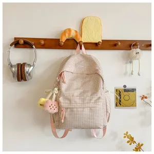 Zaino rosa a quadri stile coreano, dettaglio della borsa casual di grande capacità per la scuola.