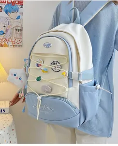 Zaino scolastico blu e bianco in stile giapponese carino con grande capacità e spille.