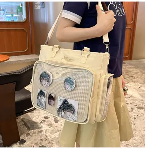 Borsa ita beige grande capacità borsa a tracolla in tela con finestra in PVC trasparente per anime.
