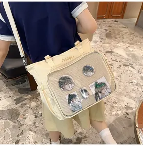 Dettaglio della borsa ita beige con finestra trasparente e spille anime, stile casual.