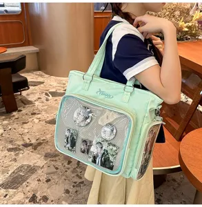 Borsa ita verde menta grande capacità tote tracolla finestra trasparente badge anime.