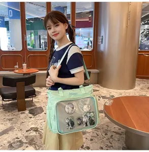 Grande borsa ita verde menta capiente con finestra trasparente, borsa a spalla multiuso.
