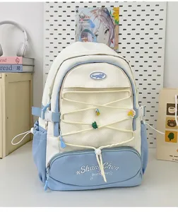 Zaino carino stile giapponese per ragazze, grande borsa scolastica con tasca a rete blu e bianca.