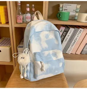 Zaino scolastico fantasia nuvole tie-dye blu e bianco grande capacità viaggio casual studente