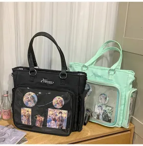Grande capacità tasca frontale trasparente ita bag, versatile borsa a tracolla tote tela per anime.