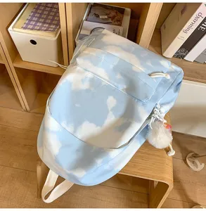 Zaino casual blu e bianco con stampa nuvola tie-dye per studenti, grande borsa da viaggio.