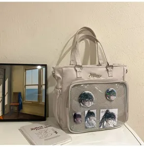 Grande borsa tote itabag beige di grande capacità con finestra trasparente per spille anime