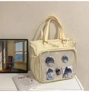 Borsa tote in tela beige con finestra trasparente, grande borsa casual per spalla.