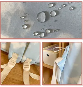 Dettaglio zaino con tessuto impermeabile stampato cielo, spallacci regolabili e tasca.