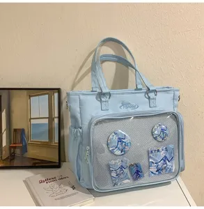 Borsa tote Ita azzurro chiaro di grande capacità, borsa a tracolla con finestra trasparente.