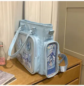 Borsa ita azzurro chiaro grande capacità borsa tote in tela a tracolla con finestra trasparente anime.
