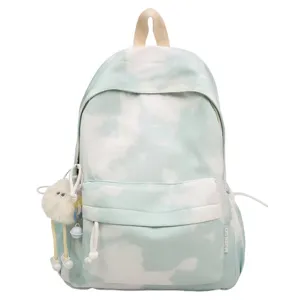 Zaino per studenti verde tie-dye con tasca frontale e simpatico ciondolo in peluche, viaggio.